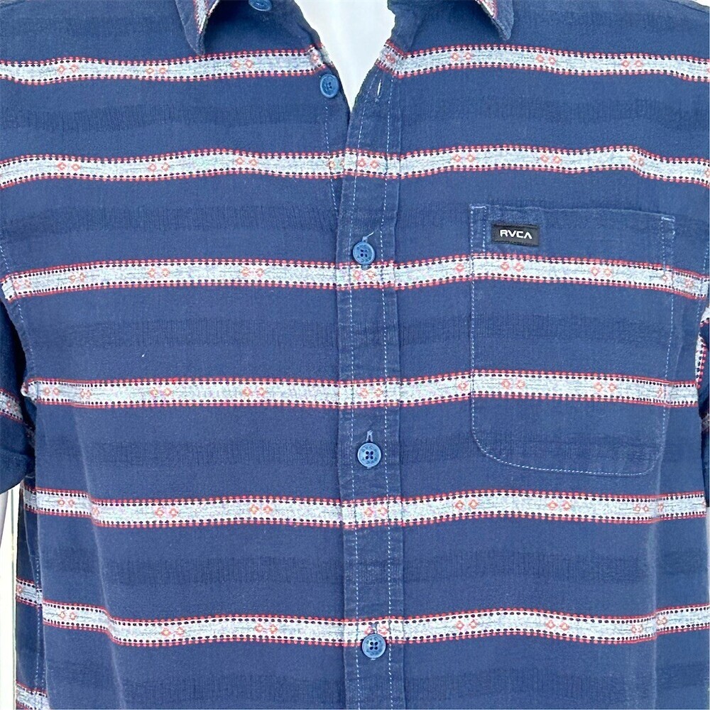 RVCA Button-Up Shirt Men's Size M Navy Blue Striped Short Sleeve Casual - Picture 6 of 9